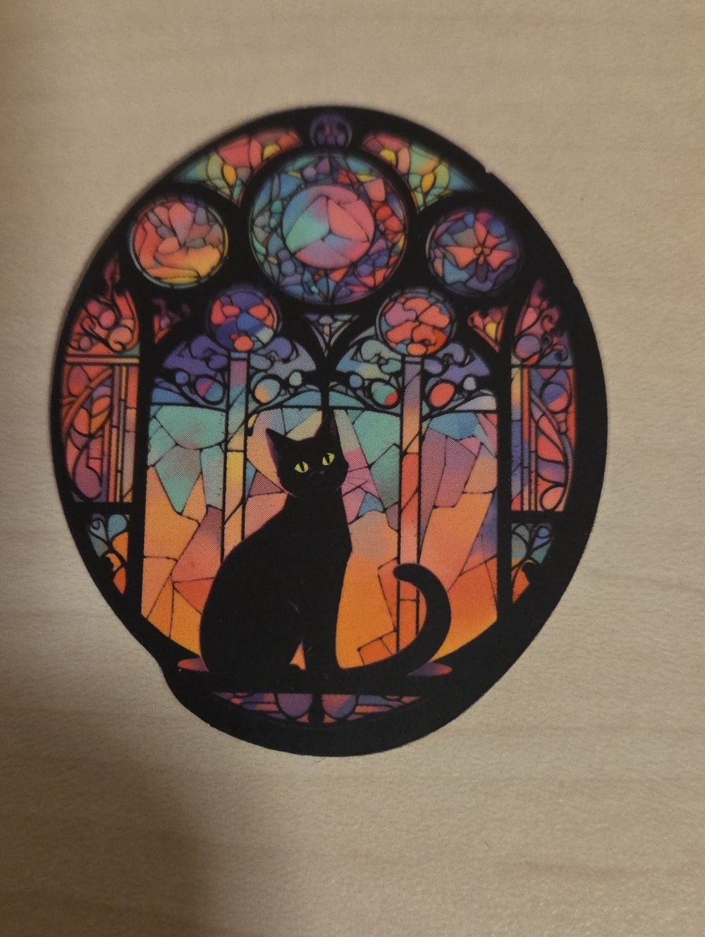 Sticker - Black Cat in Front of Multi-Paned Stained Glass Window